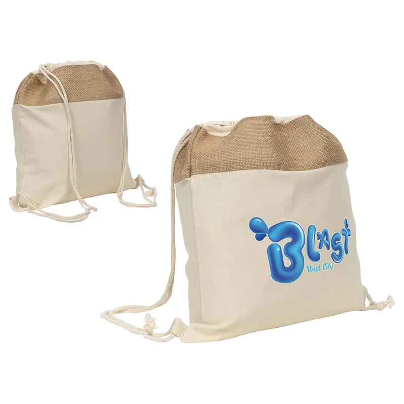 Side profile of the promotional Savanna Jute Drawstring Backpack showing the jute panel and drawstring closure