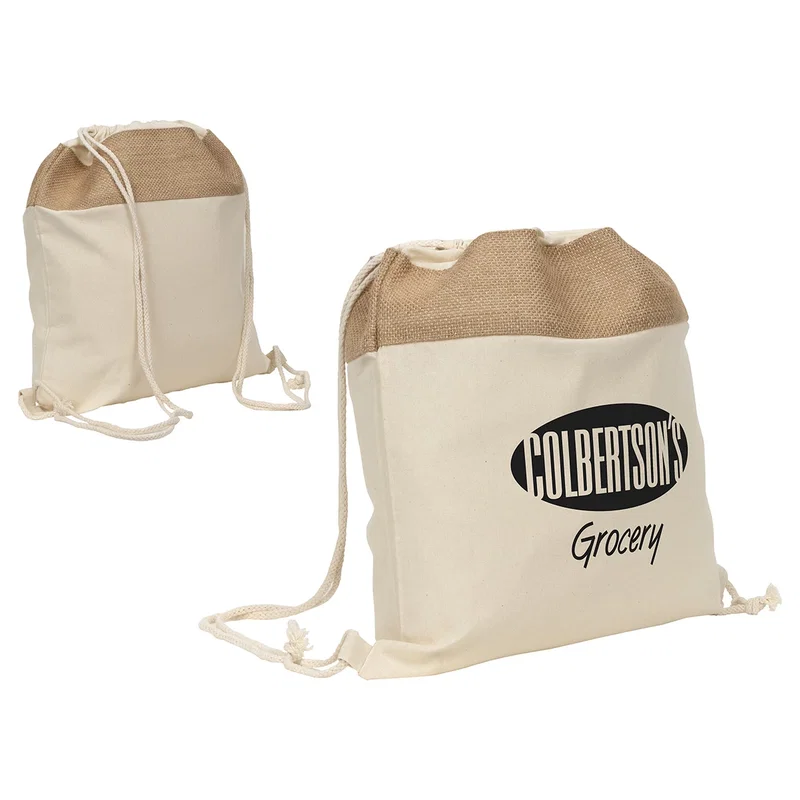 Branded Savanna Jute & Recycled Cotton Drawstring Backpack shown in a lifestyle carry setting