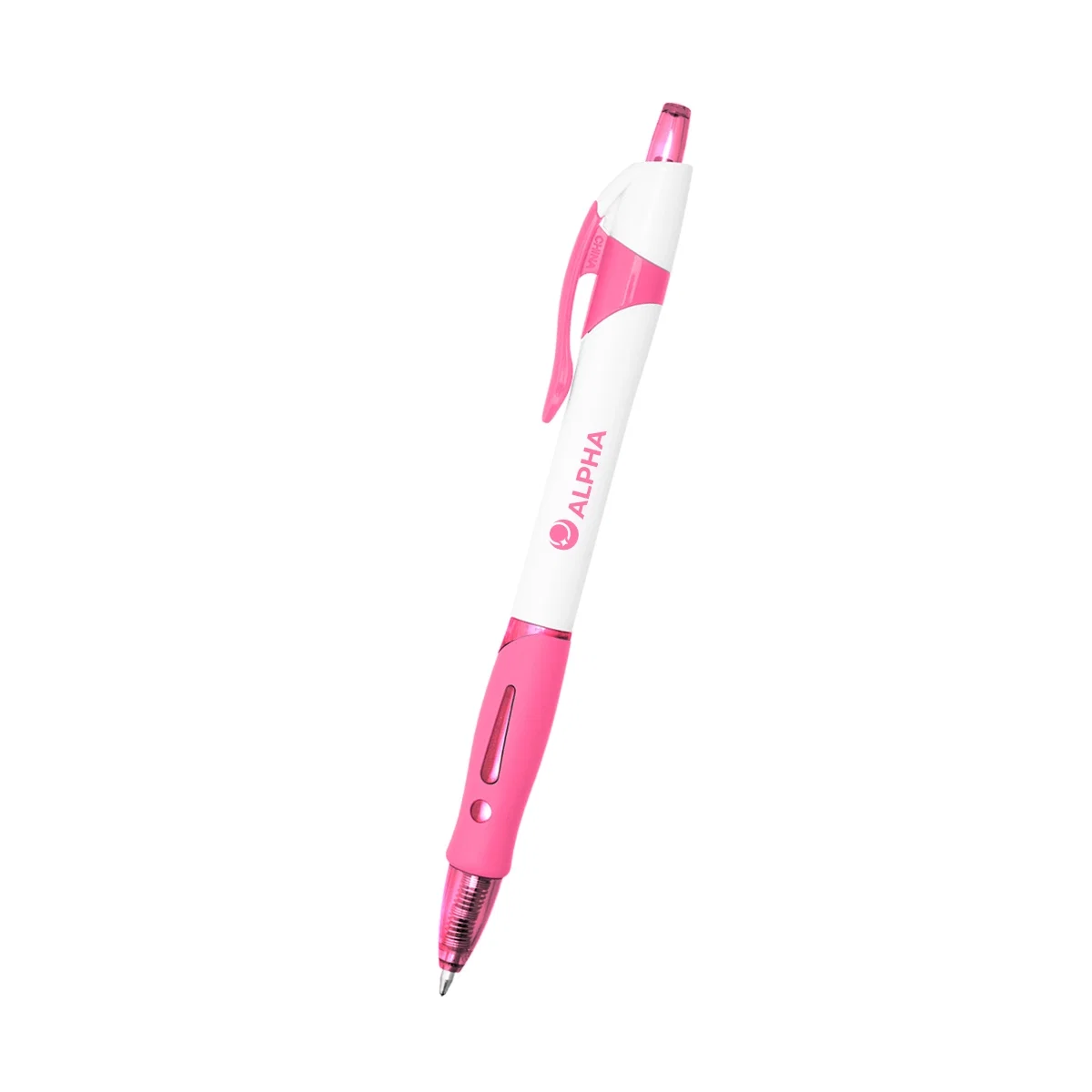 White Sawyer click pen with colored trim, five and a half inches long