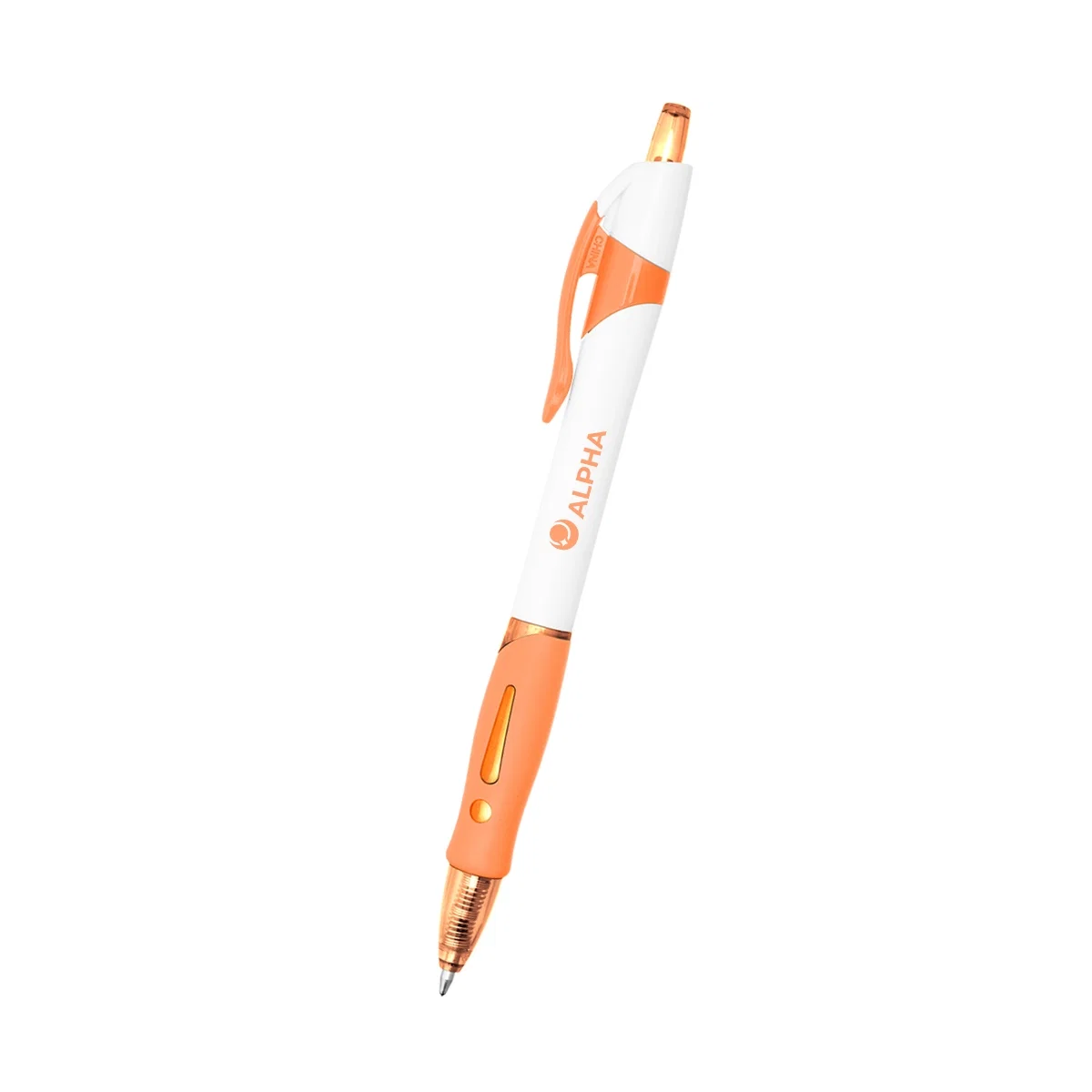 Orange trimmed pen shown at full length against a plain backdrop