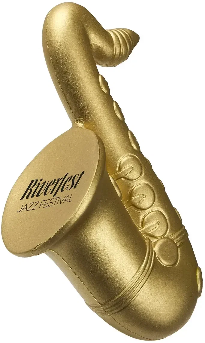 Saxophone Stress Reliever, custom saxophone-shaped promotional stress ball with logo for music programs