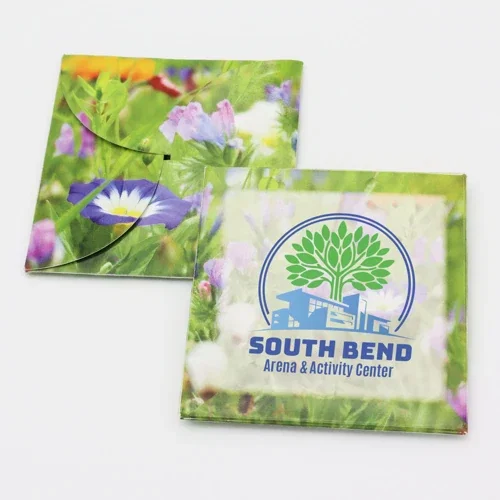 Pop-open seed envelope opened to reveal flower seed packet inside, full-color print