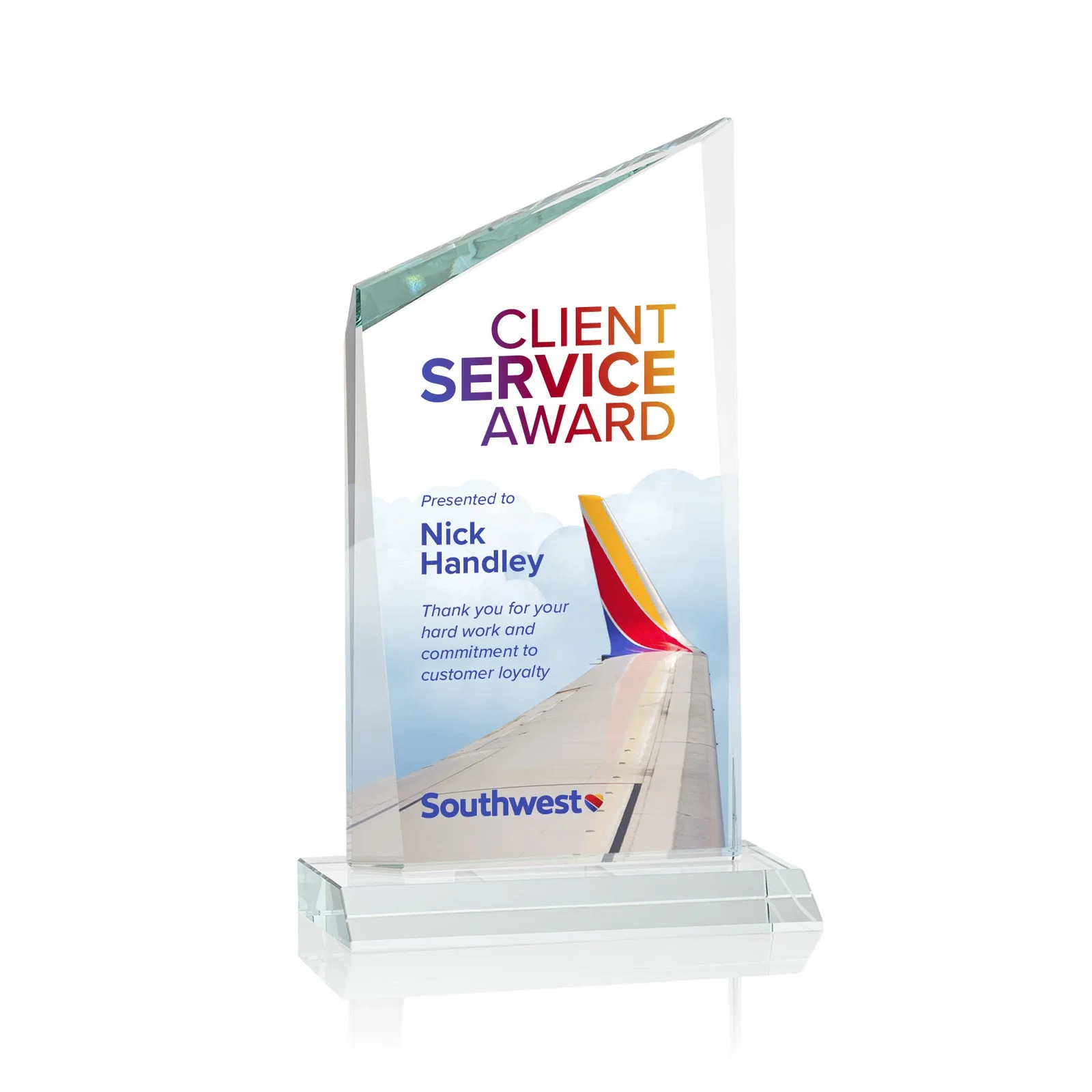 Promotional Starfire Crystal Peak Award on Front-Mitered Color Base, awards for dealer and partner awards