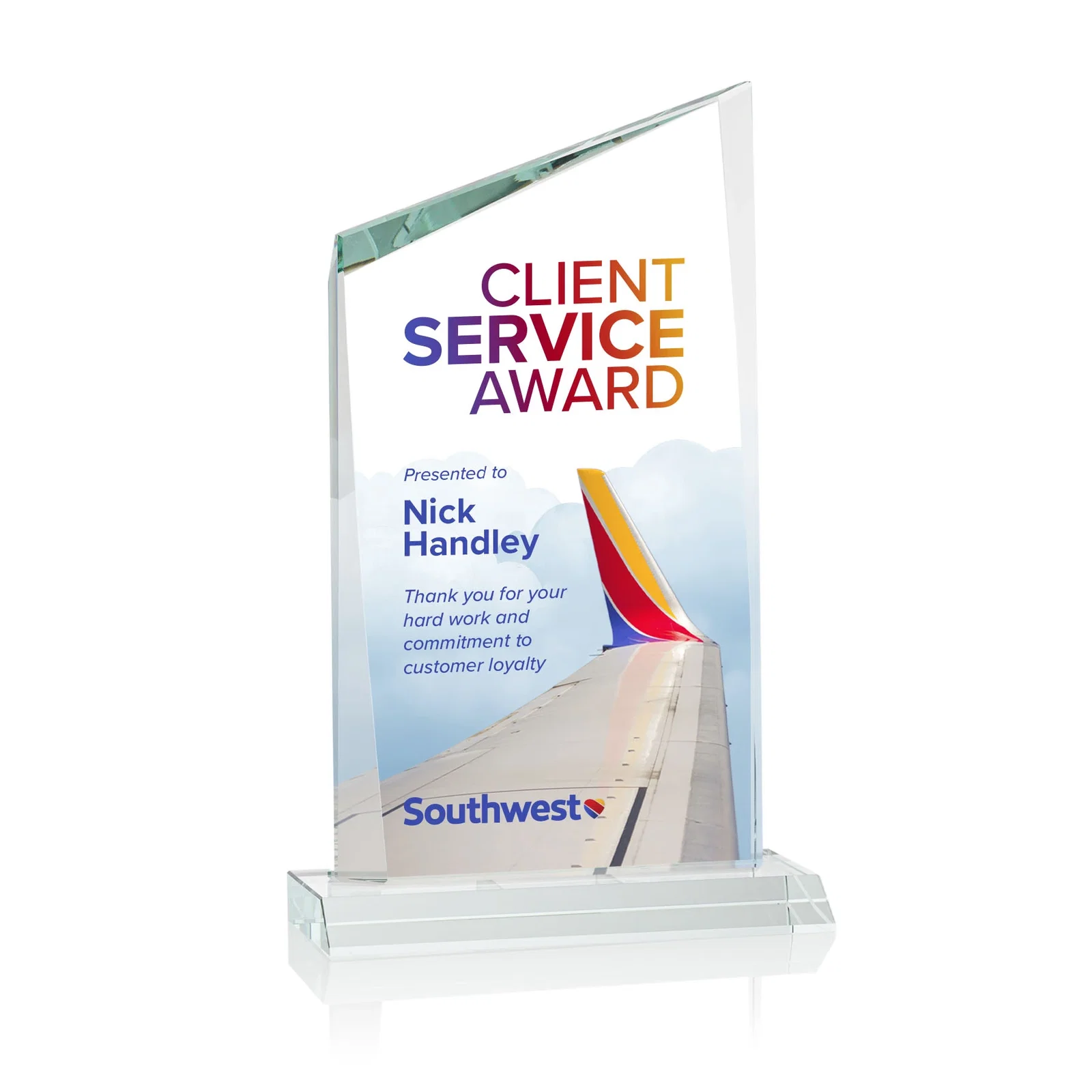 Promotional Starfire Crystal Peak Award on Front-Mitered Color Base, awards for company anniversary events