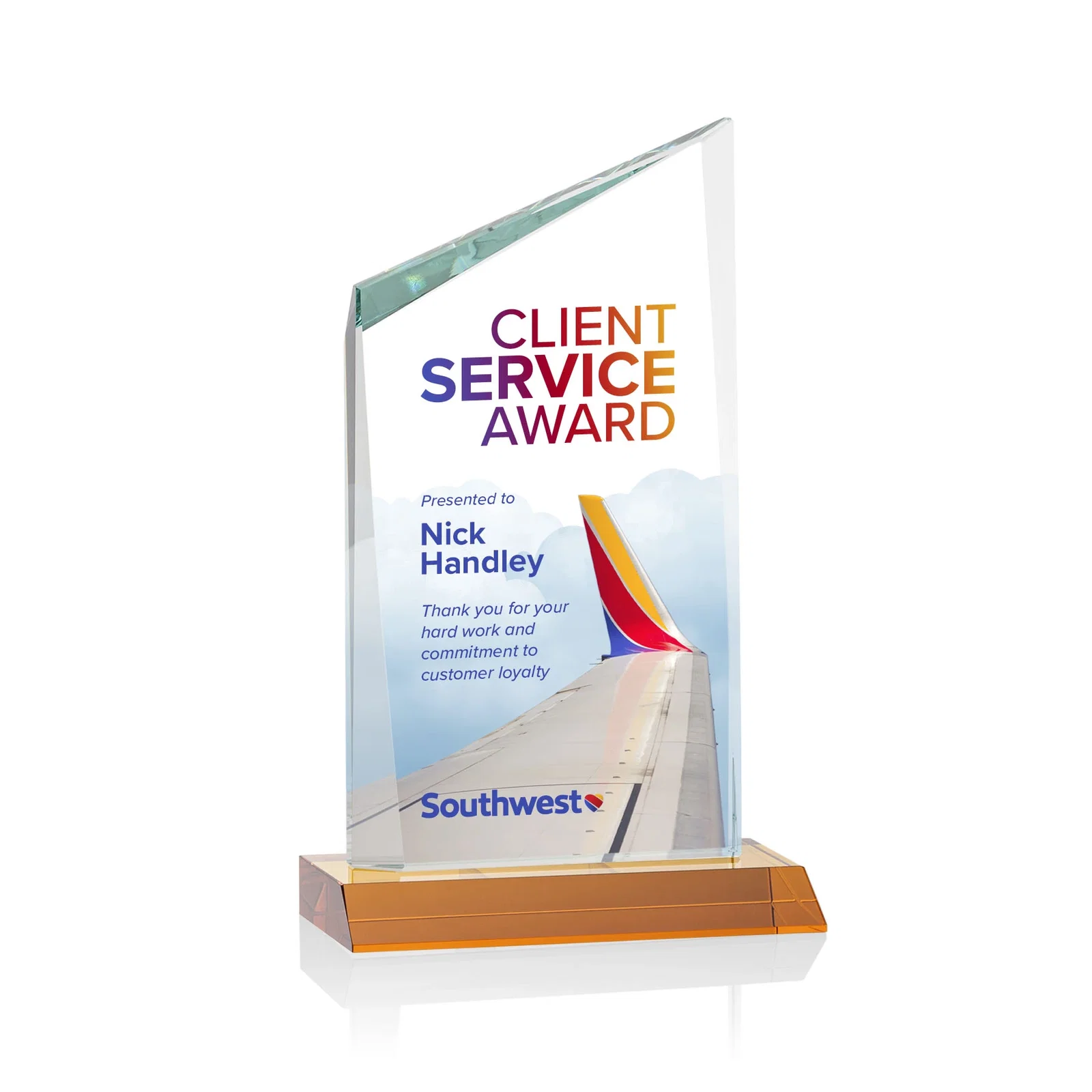 Branded Starfire Crystal Peak Award on Front-Mitered Color Base, awards for service anniversary gifts