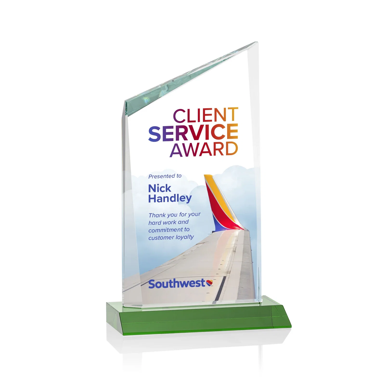 Branded Starfire Crystal Peak Award on Front-Mitered Color Base, awards for donor appreciation
