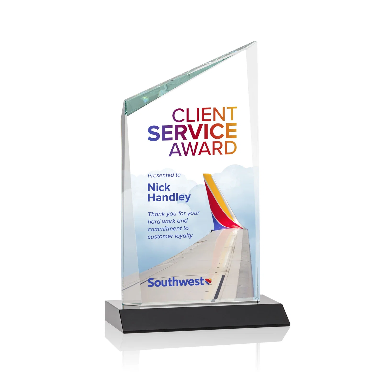 Branded Starfire Crystal Peak Award on Front-Mitered Color Base, awards for dealer and partner awards