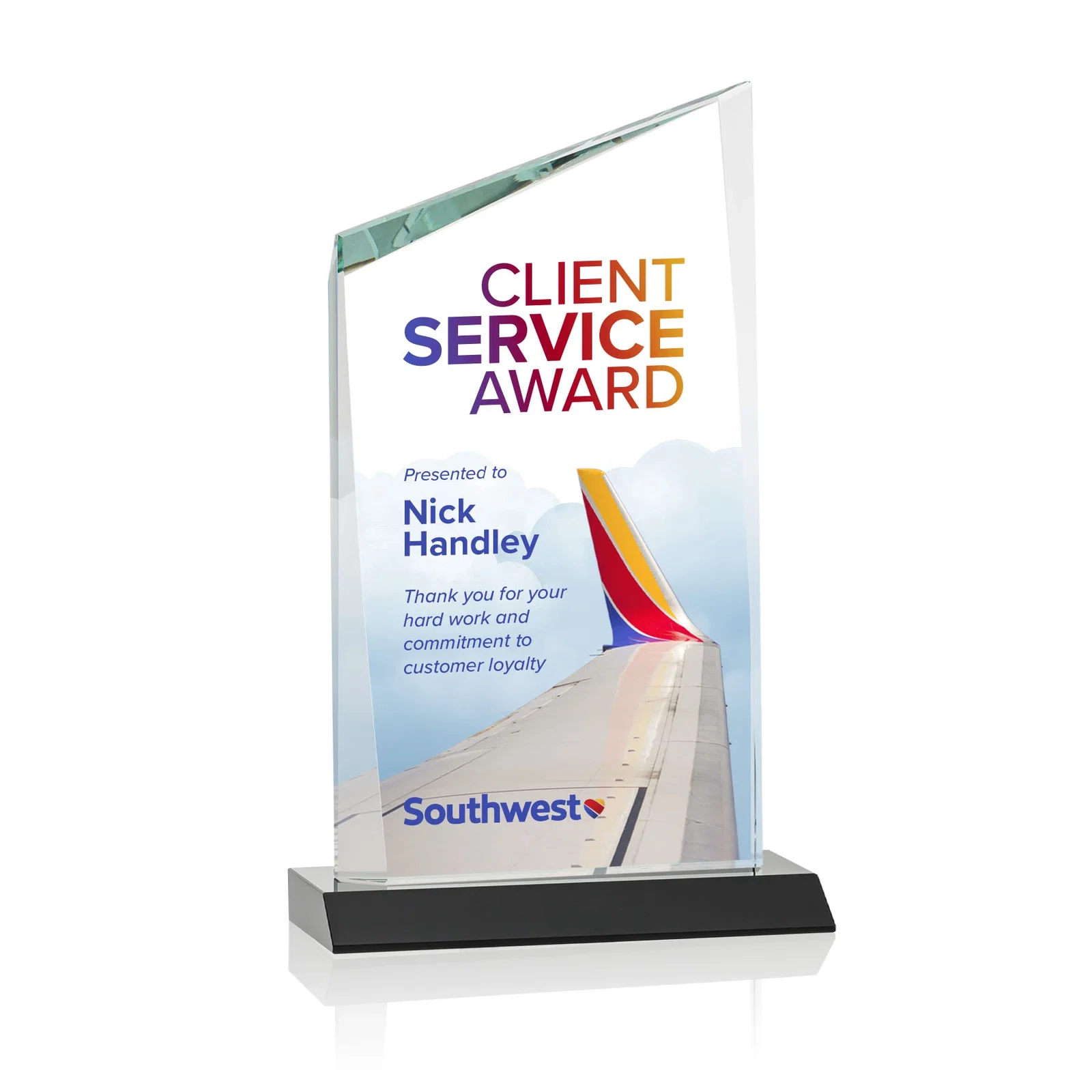 Branded Starfire Crystal Peak Award on Front-Mitered Color Base, awards for company anniversary events