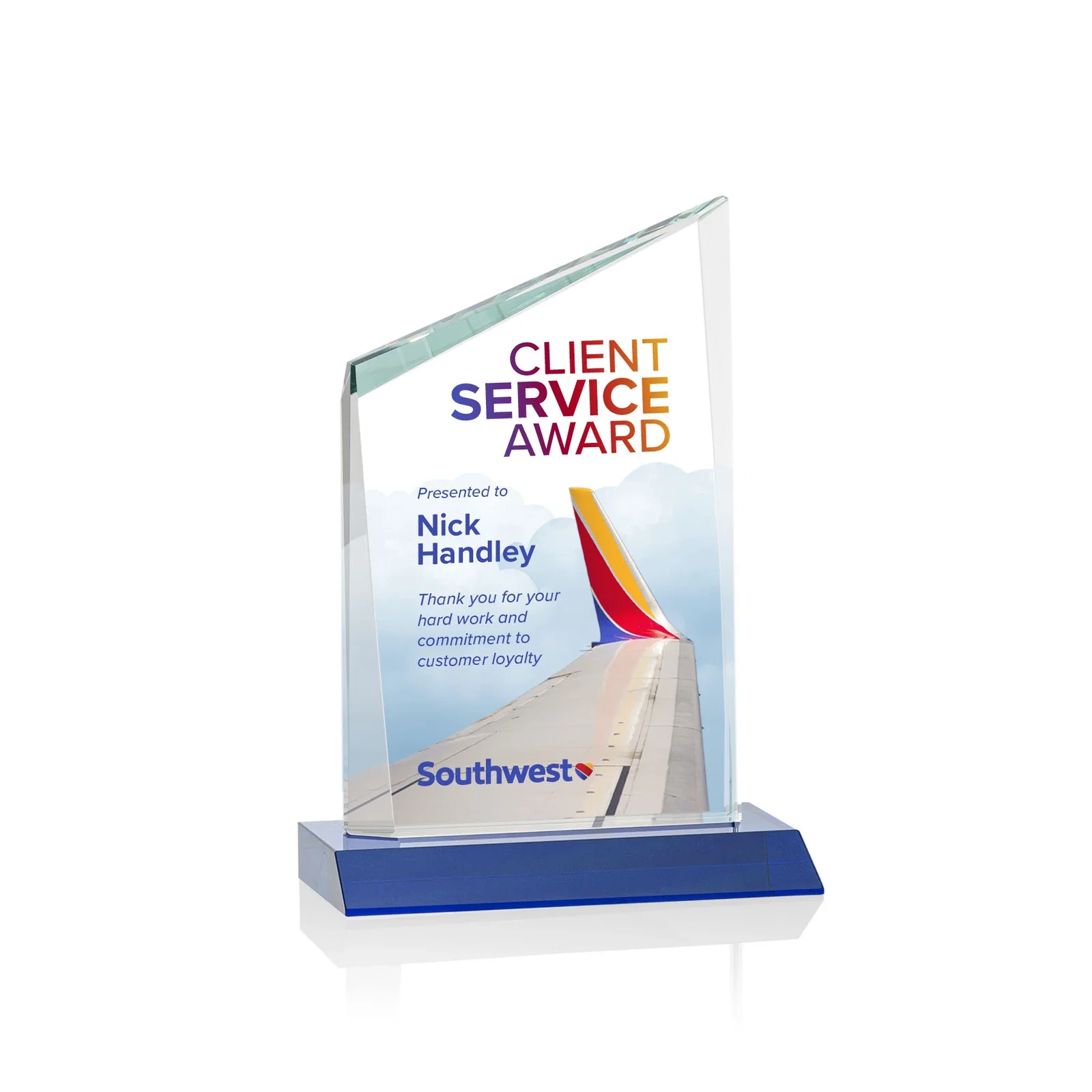 Custom printed Starfire Crystal Peak Award on Front-Mitered Color Base, awards for corporate award ceremonies