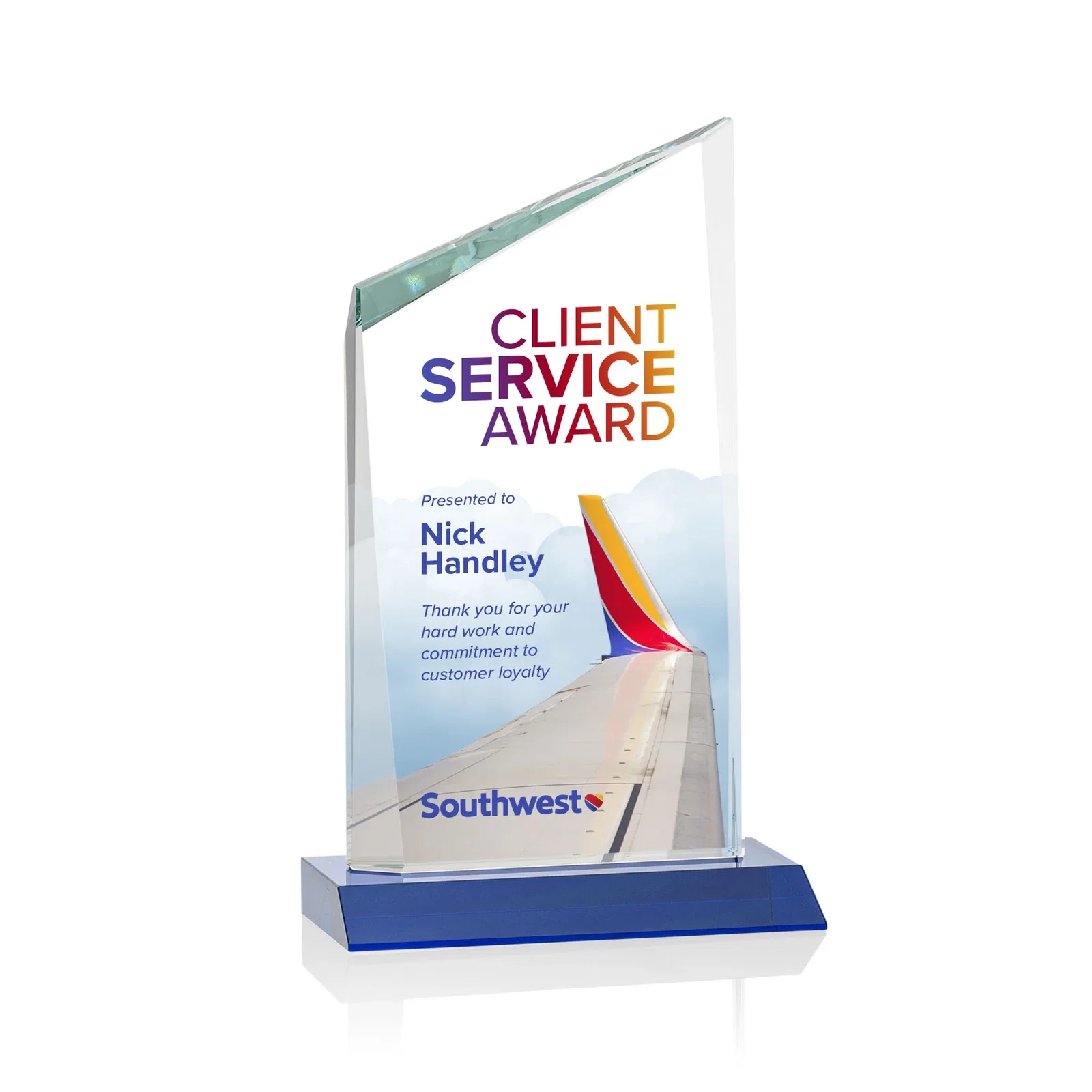 Custom printed Starfire Crystal Peak Award on Front-Mitered Color Base, awards for service anniversary gifts