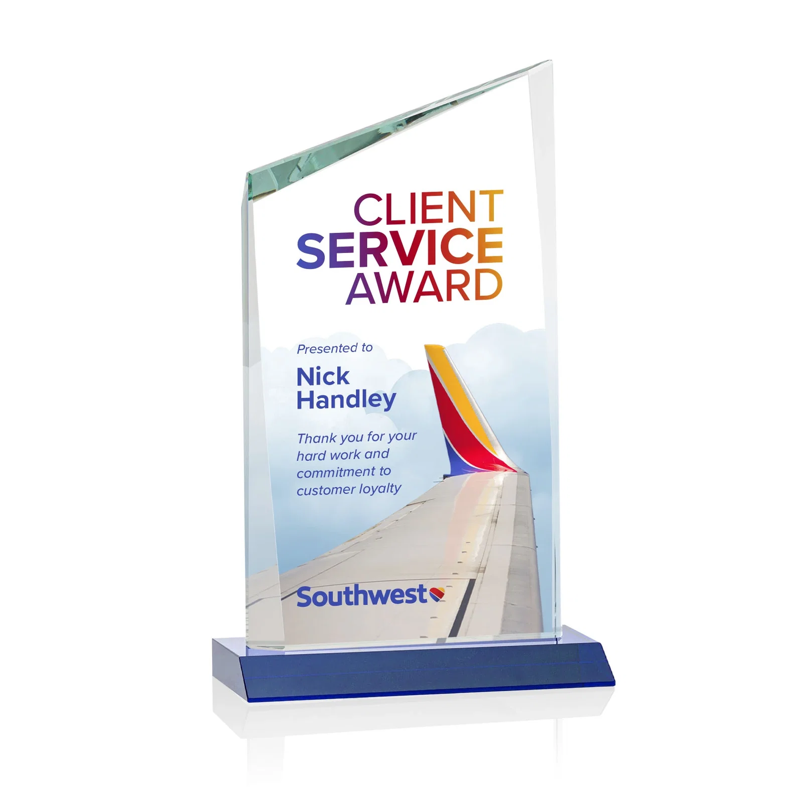 Custom printed Starfire Crystal Peak Award on Front-Mitered Color Base, awards for sales achievement awards