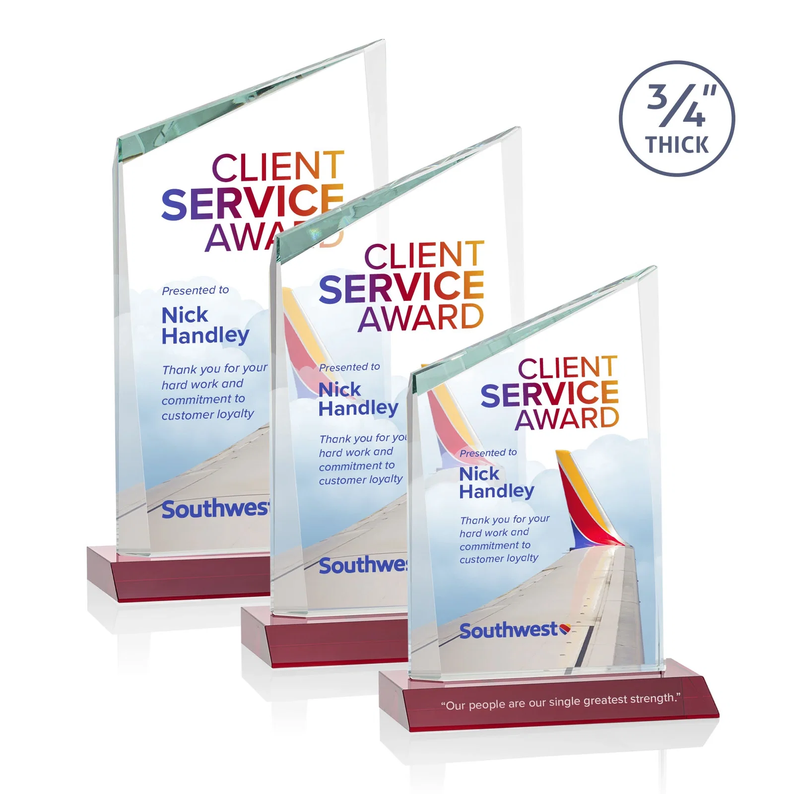 Custom printed Starfire Crystal Peak Award on Front-Mitered Color Base, awards for retirement presentations