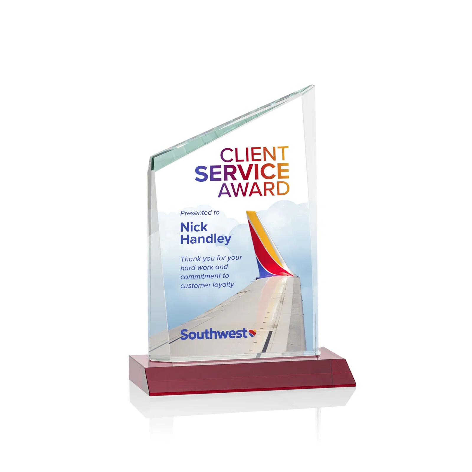 Custom printed Starfire Crystal Peak Award on Front-Mitered Color Base, awards for team milestone celebrations