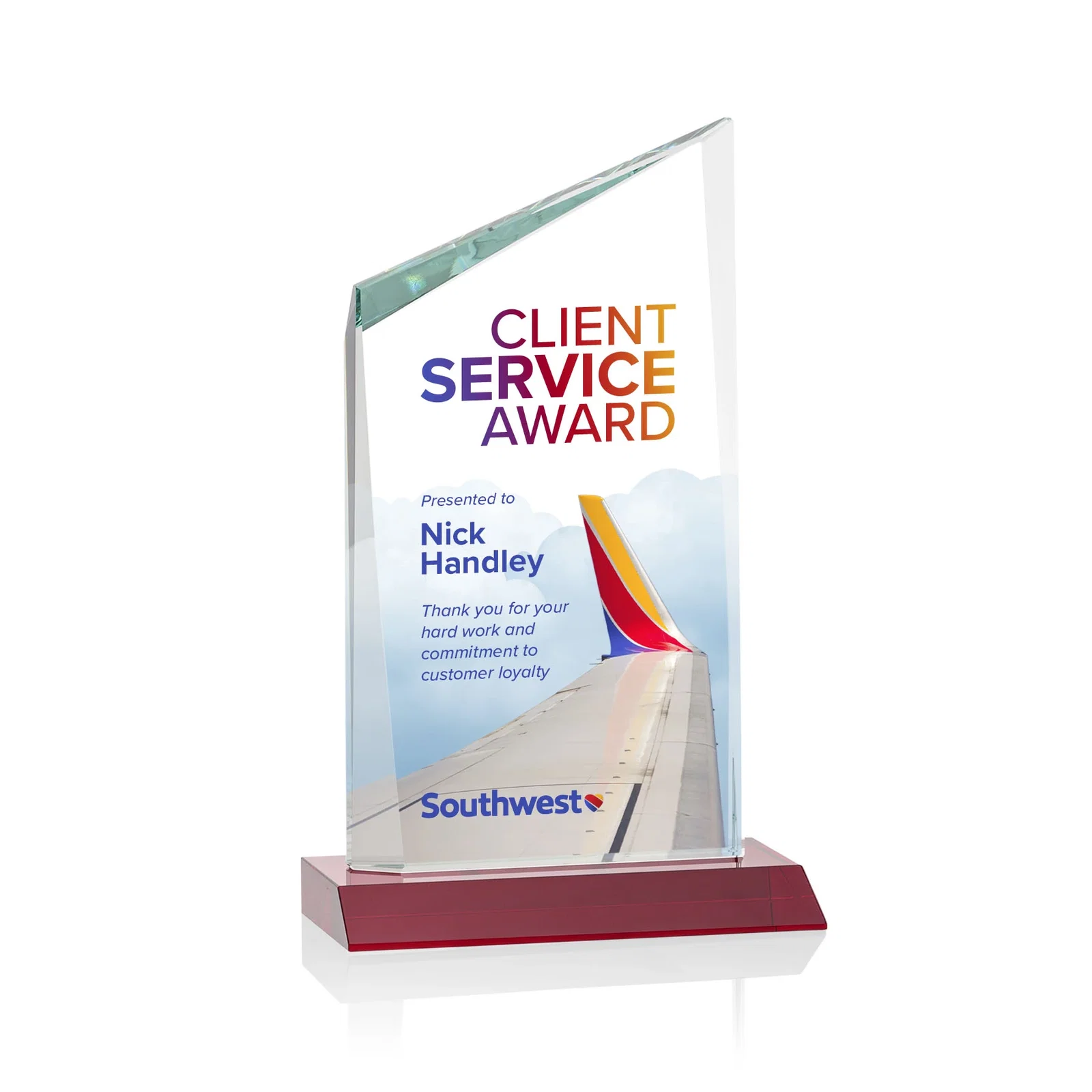 Custom printed Starfire Crystal Peak Award on Front-Mitered Color Base, awards for donor appreciation