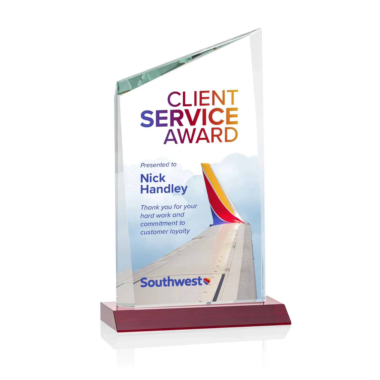 Custom printed Starfire Crystal Peak Award on Front-Mitered Color Base, awards for graduation ceremonies