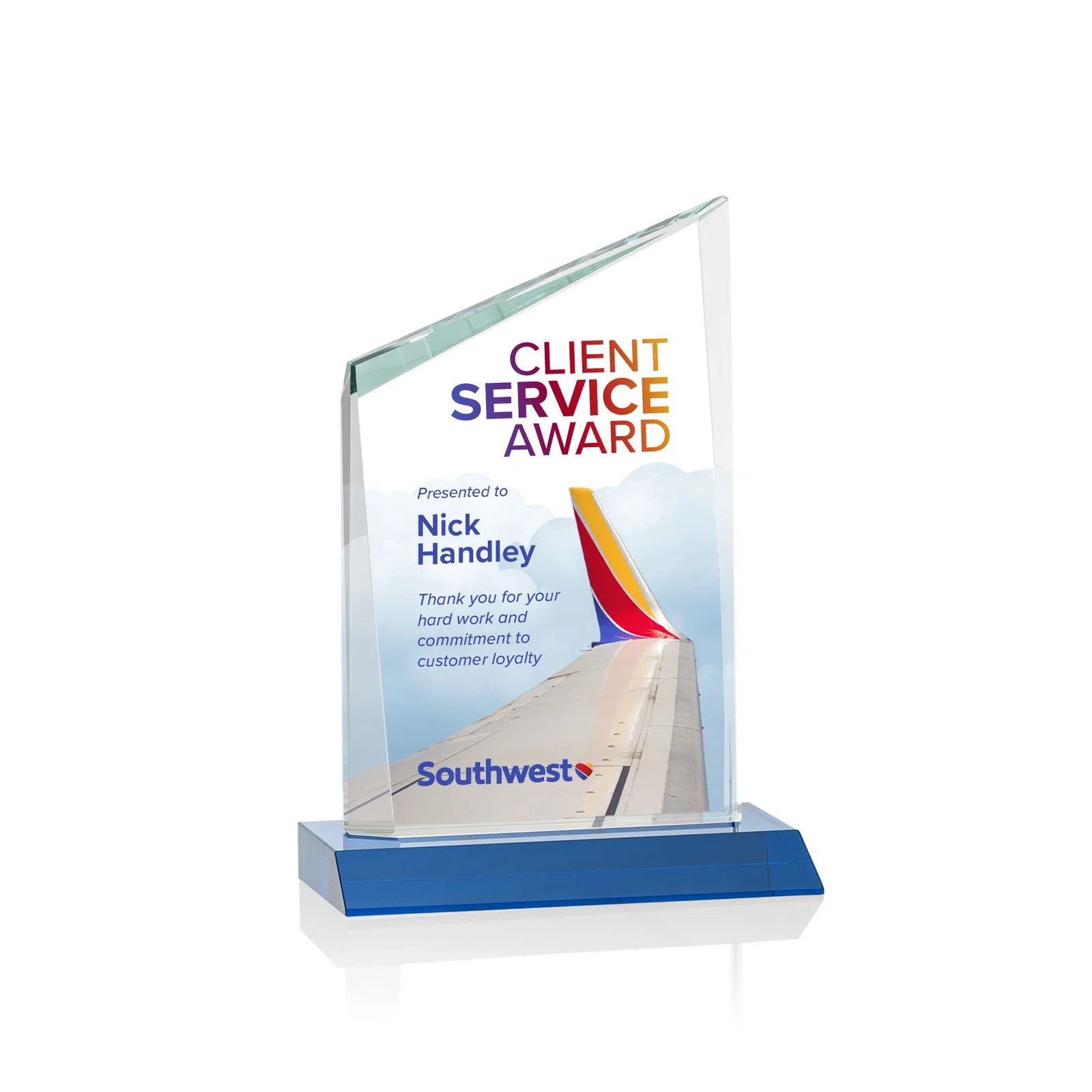 Custom printed Starfire Crystal Peak Award on Front-Mitered Color Base, awards for volunteer appreciation