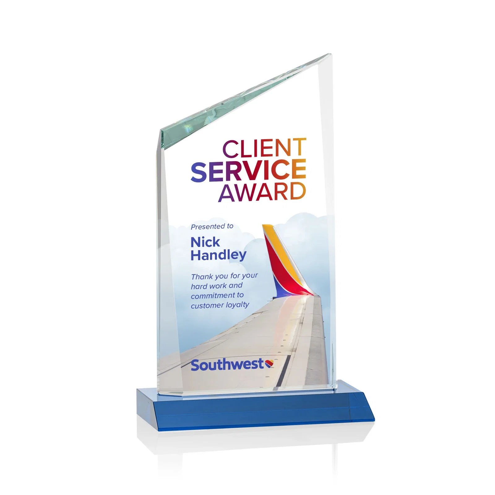 Custom printed Starfire Crystal Peak Award on Front-Mitered Color Base, awards for dealer and partner awards