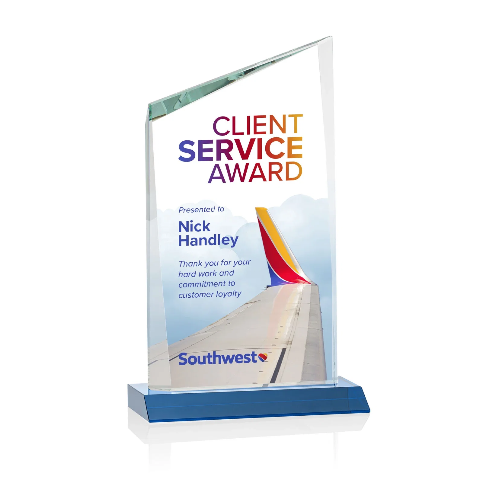 Custom printed Starfire Crystal Peak Award on Front-Mitered Color Base, awards for company anniversary events