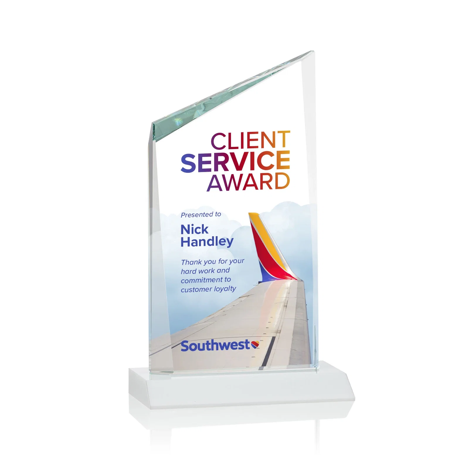 Customized Starfire Crystal Peak Award on Front-Mitered Color Base, awards for service anniversary gifts