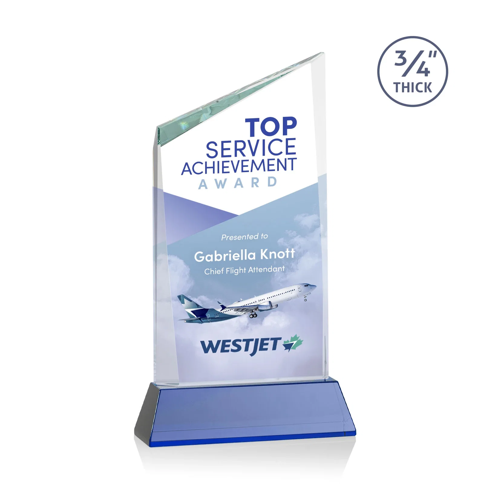 Custom printed Starfire Crystal Peak Award on Tapered Base with Second Etch, awards for service anniversary gifts