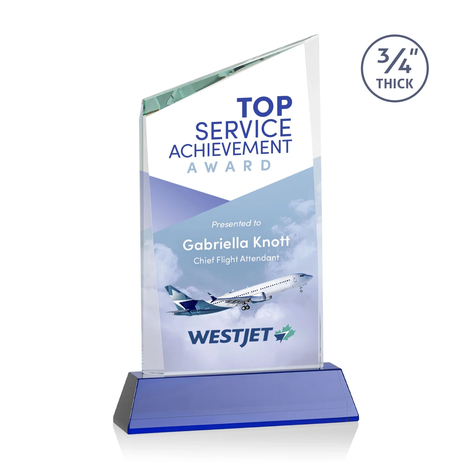 Custom printed Starfire Crystal Peak Award on Tapered Base with Second Etch, awards for sales achievement awards