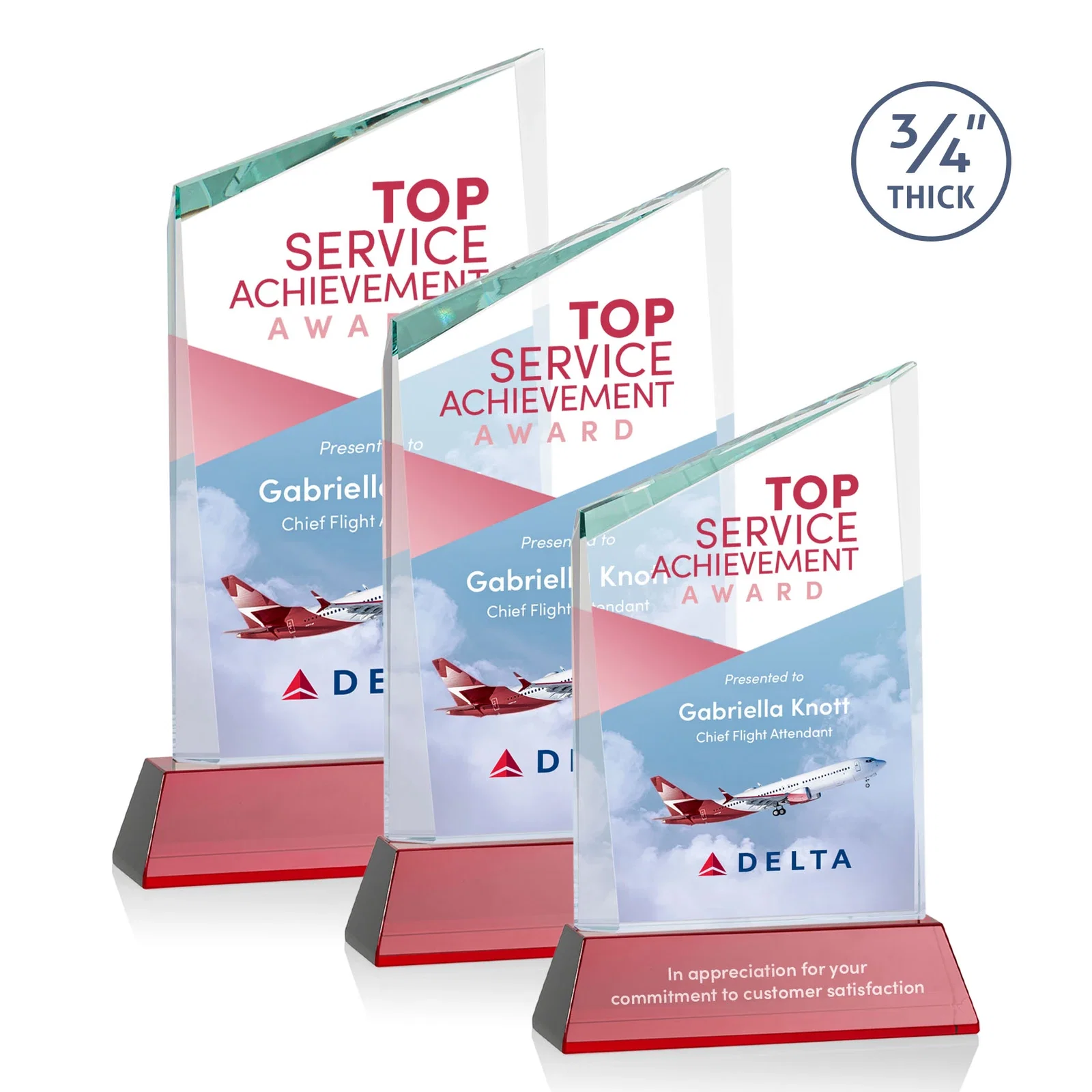 Custom printed Starfire Crystal Peak Award on Tapered Base with Second Etch, awards for retirement presentations