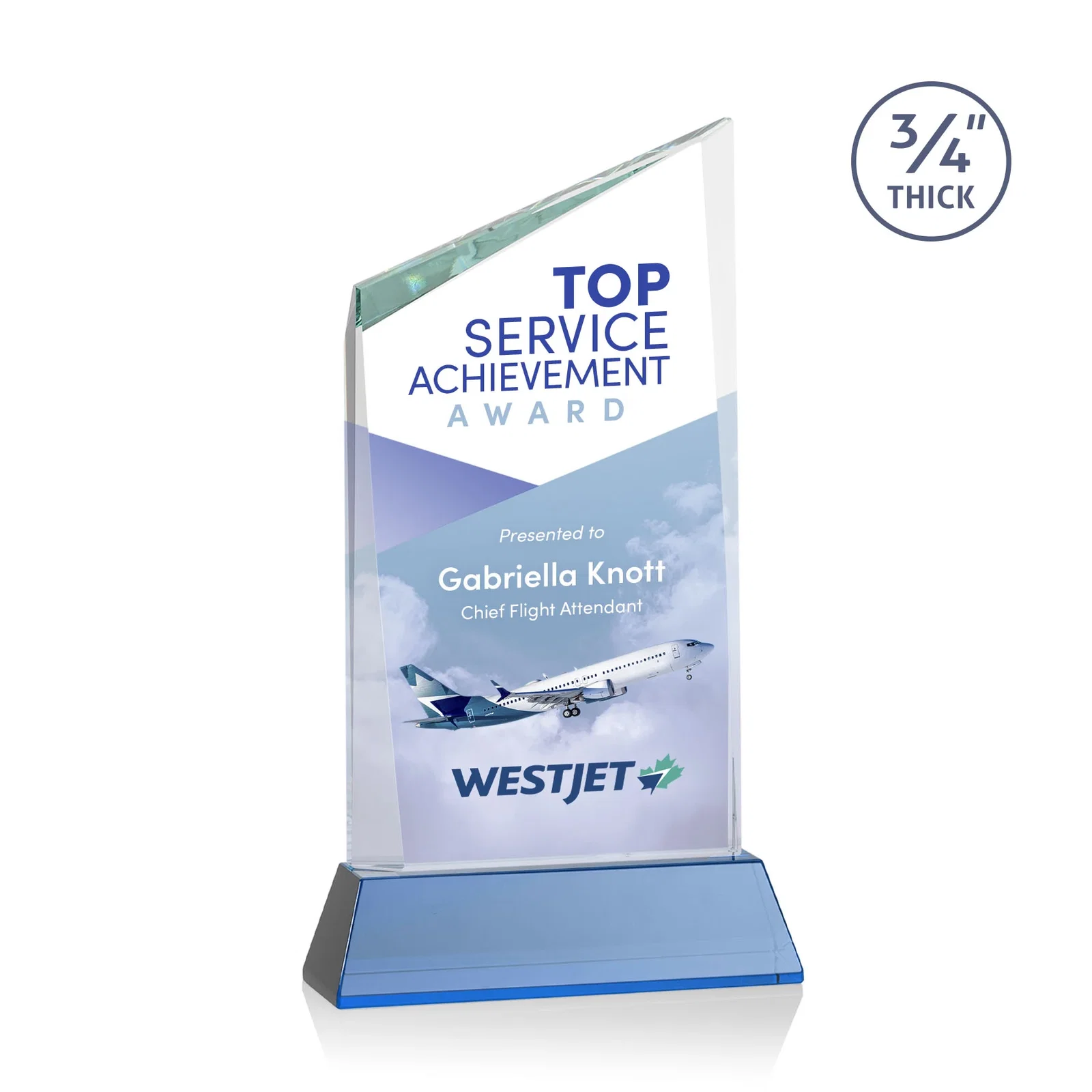 Custom printed Starfire Crystal Peak Award on Tapered Base with Second Etch, awards for dealer and partner awards