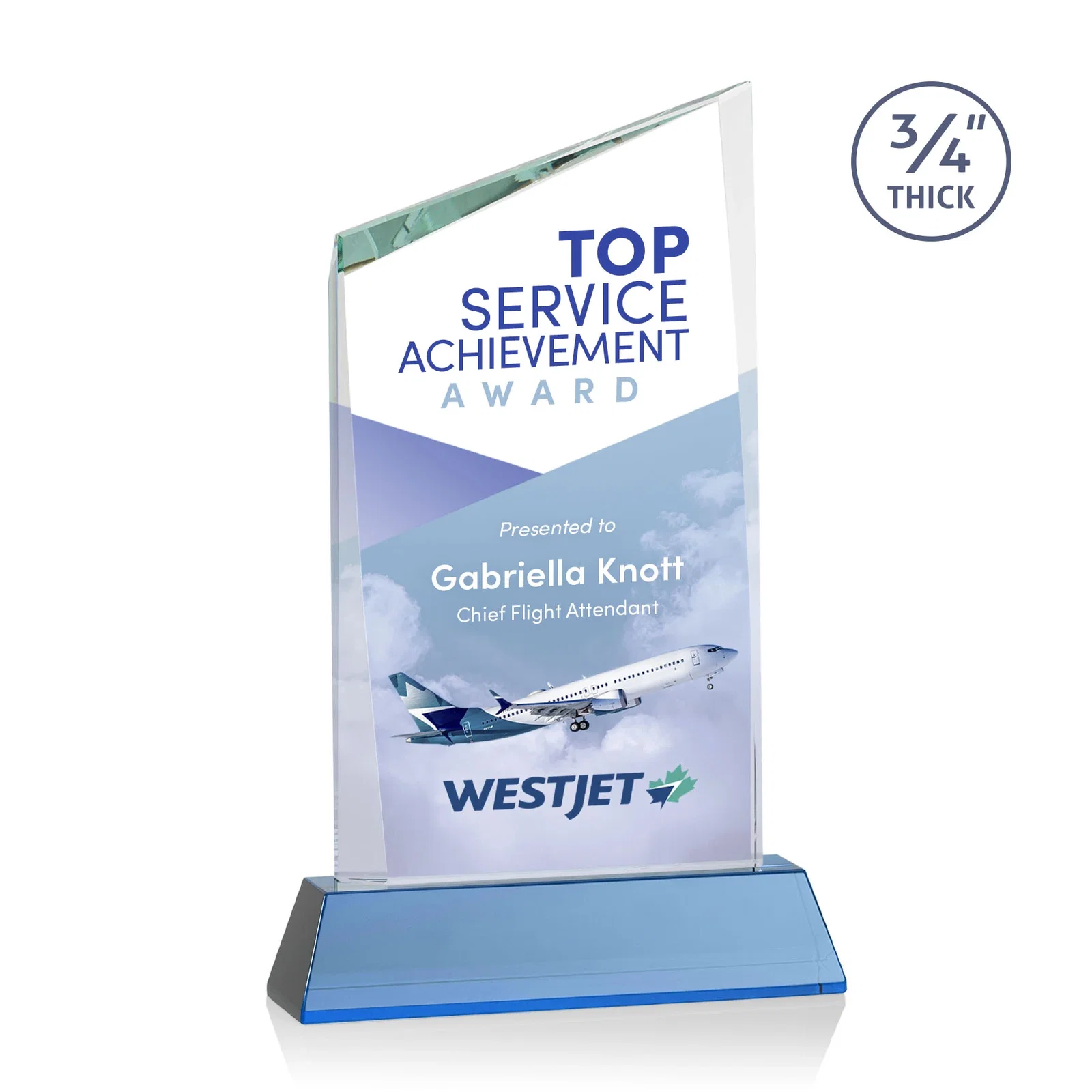 Custom printed Starfire Crystal Peak Award on Tapered Base with Second Etch, awards for company anniversary events