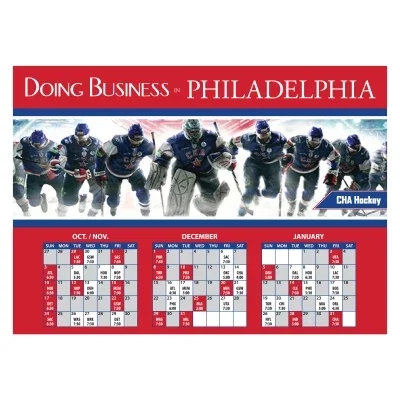 Flat schedule magnet with a printed date grid and header space