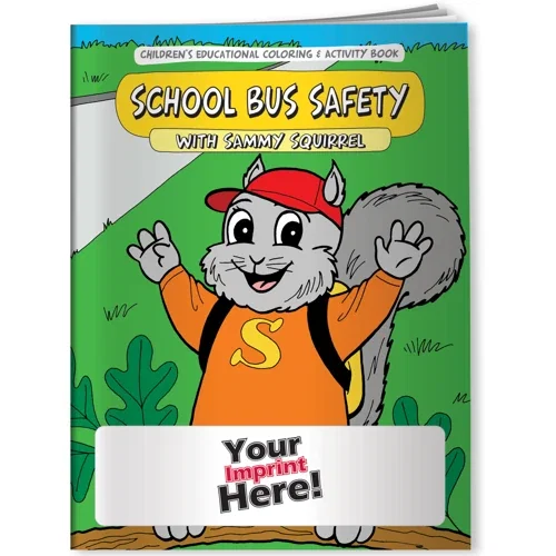 Sammy Squirrel school bus safety coloring book cover with cartoon squirrel illustration, front page detail