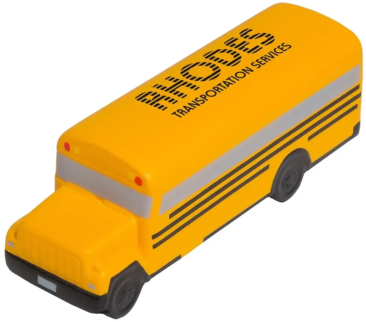 Custom School Bus Stress Reliever, branded yellow bus squeeze toy with logo print for safety campaigns