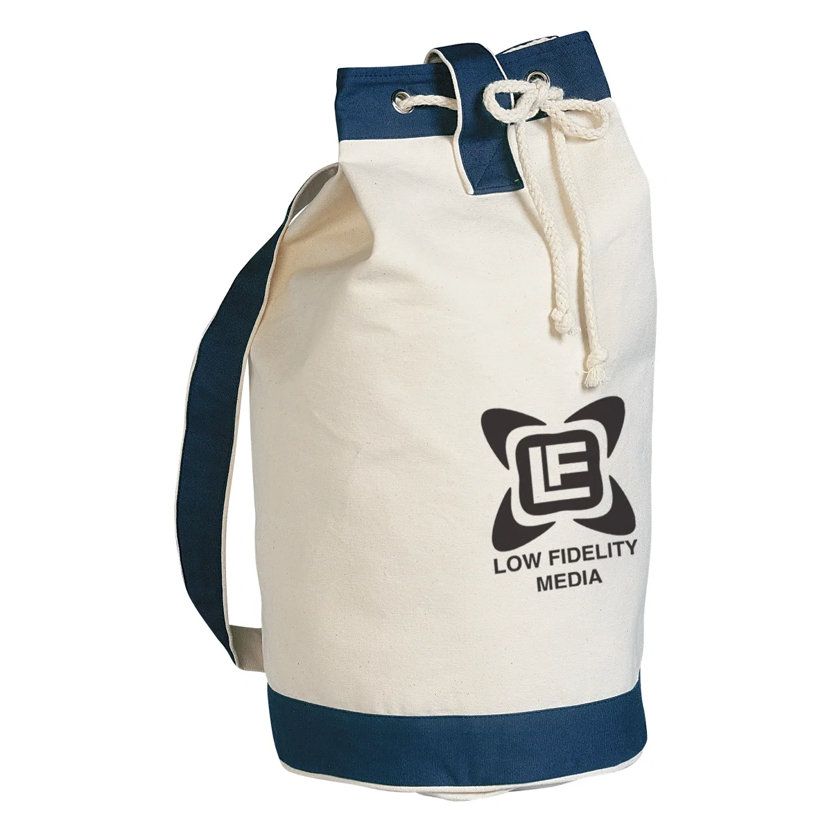 Natural canvas drawstring tote bag standing upright and open
