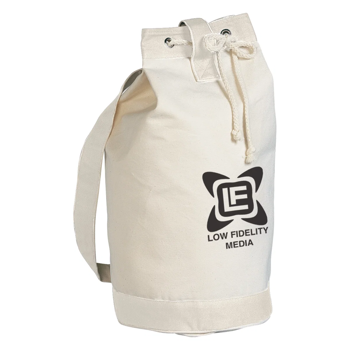 Drawstring top cinched closed at the mouth of the bag