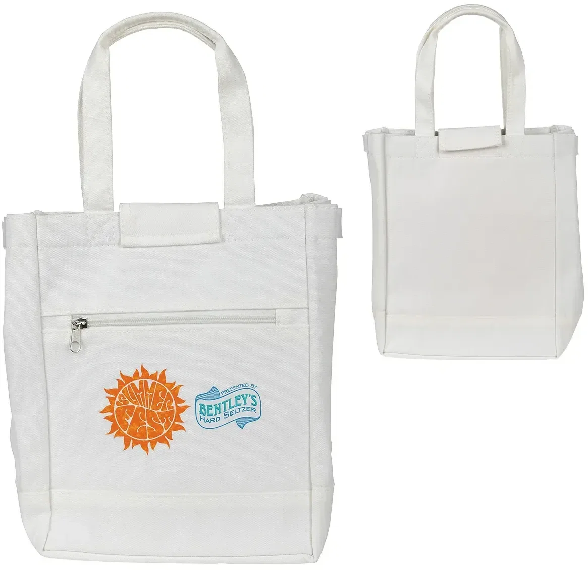 Custom Schooner insulated RPET canvas lunch tote with branded logo, front view