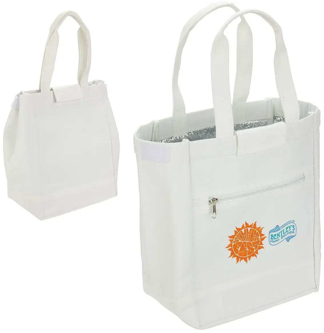 Branded Schooner insulated lunch tote, side profile with carry handle