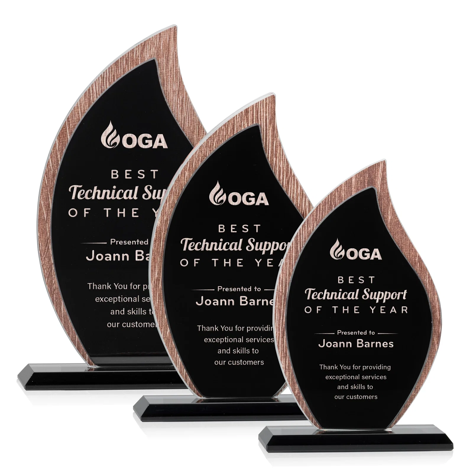 Custom Starfire Crystal Flame Award on Textured Woodgrain Backdrop for employee recognition