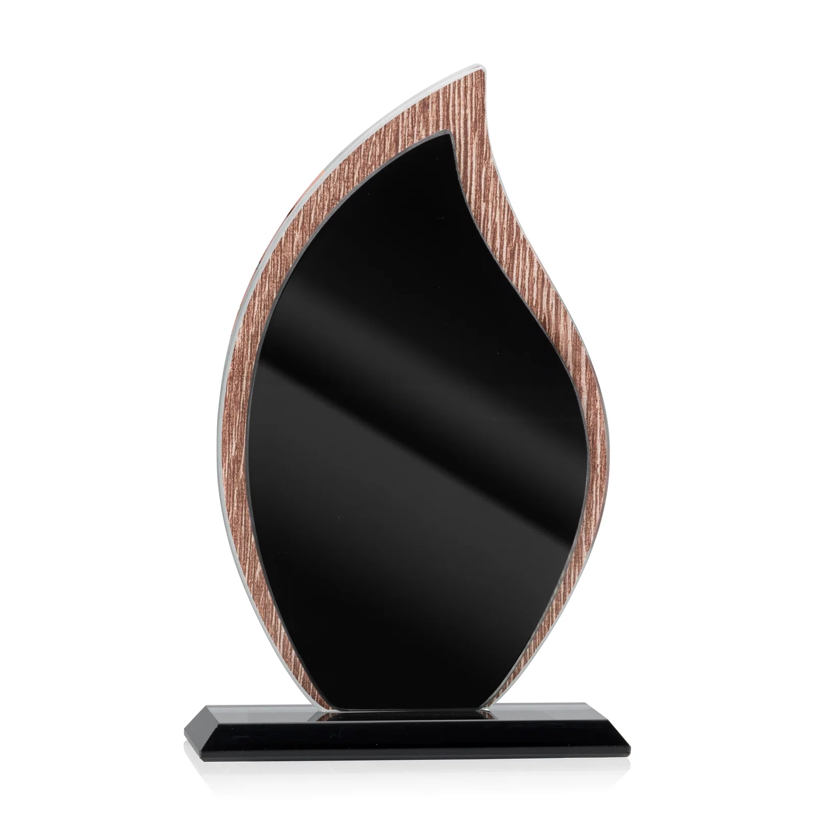 Custom Starfire Crystal Flame Award on Textured Woodgrain Backdrop for volunteer appreciation