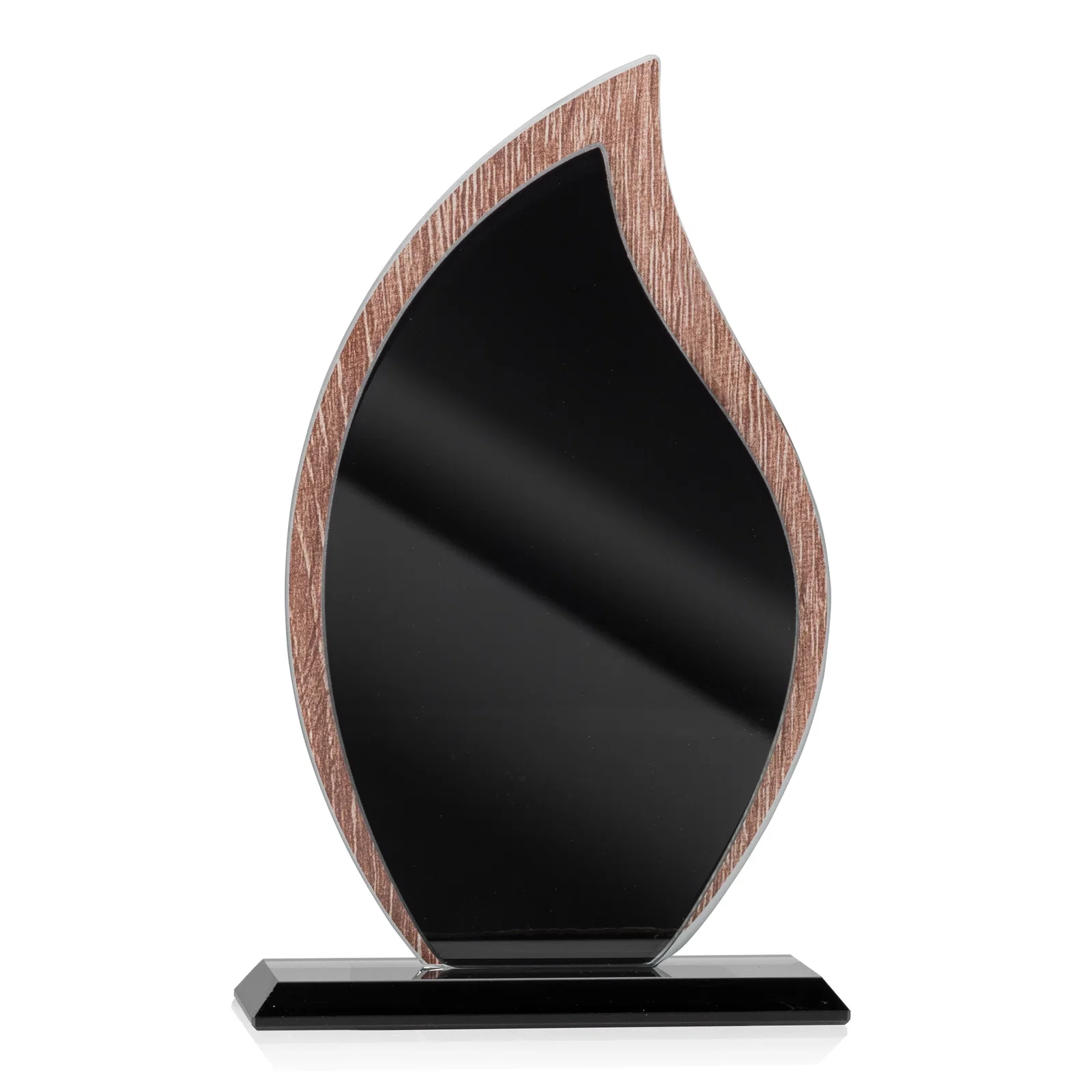 Custom Starfire Crystal Flame Award on Textured Woodgrain Backdrop for dealer and partner awards