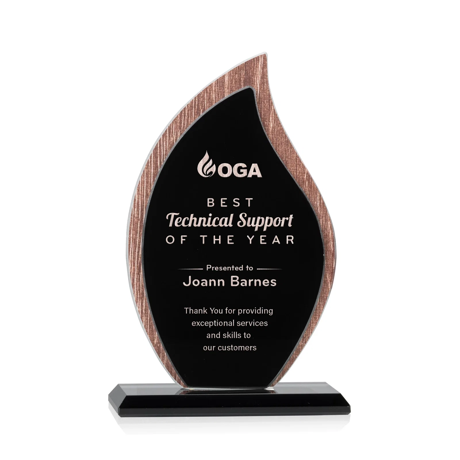 Custom Starfire Crystal Flame Award on Textured Woodgrain Backdrop for corporate award ceremonies