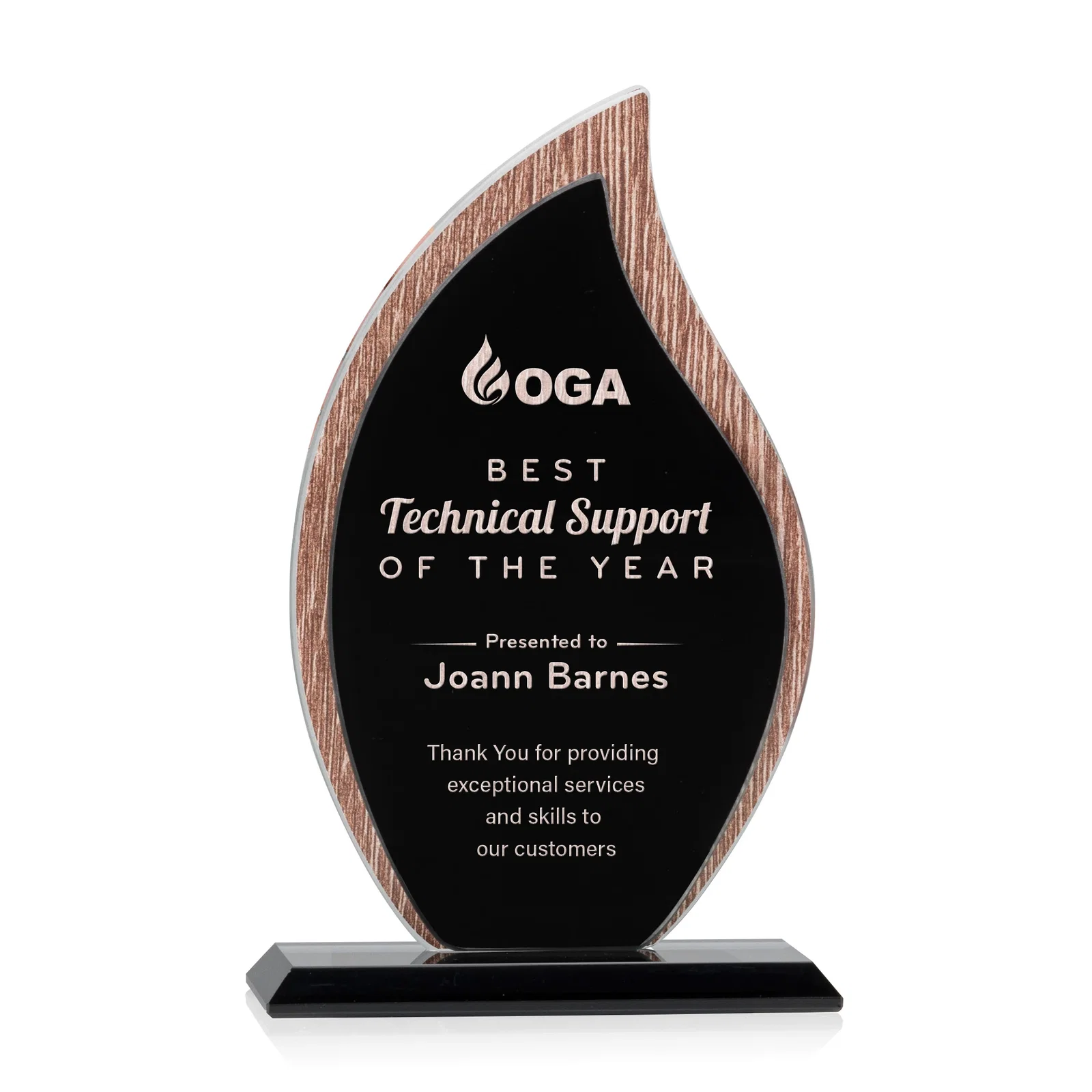 Custom Starfire Crystal Flame Award on Textured Woodgrain Backdrop for service anniversary gifts