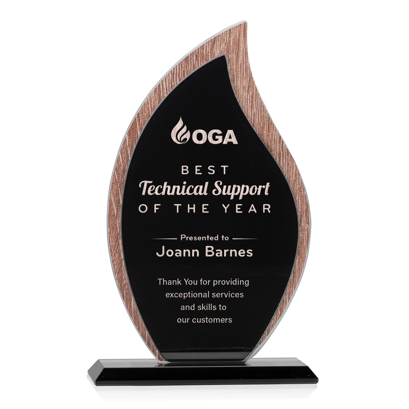 Custom Starfire Crystal Flame Award on Textured Woodgrain Backdrop for sales achievement awards