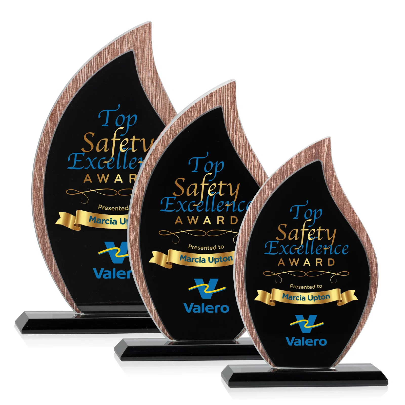Custom Starfire Crystal Flame Award on Textured Woodgrain Backdrop for retirement presentations