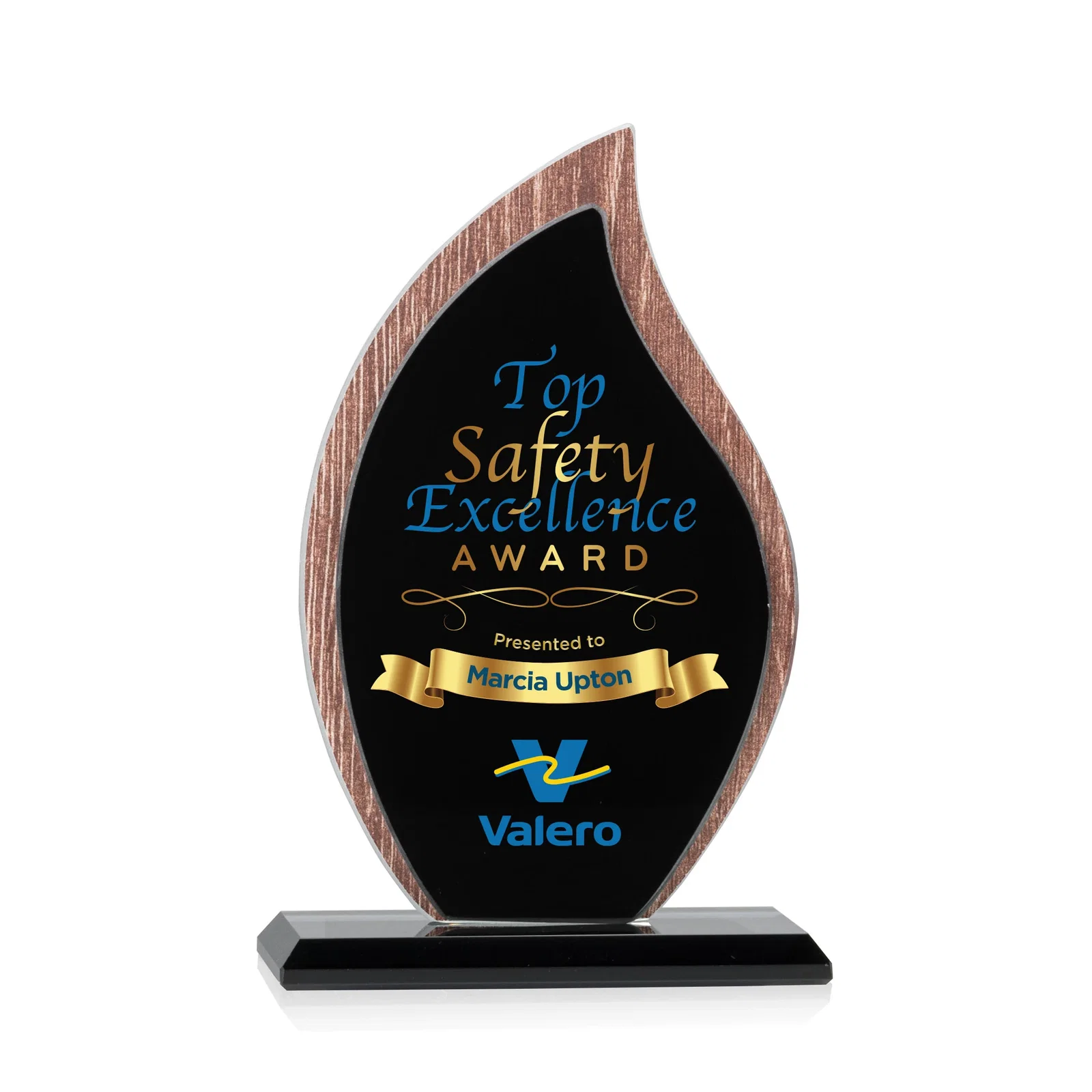 Custom Starfire Crystal Flame Award on Textured Woodgrain Backdrop for team milestone celebrations