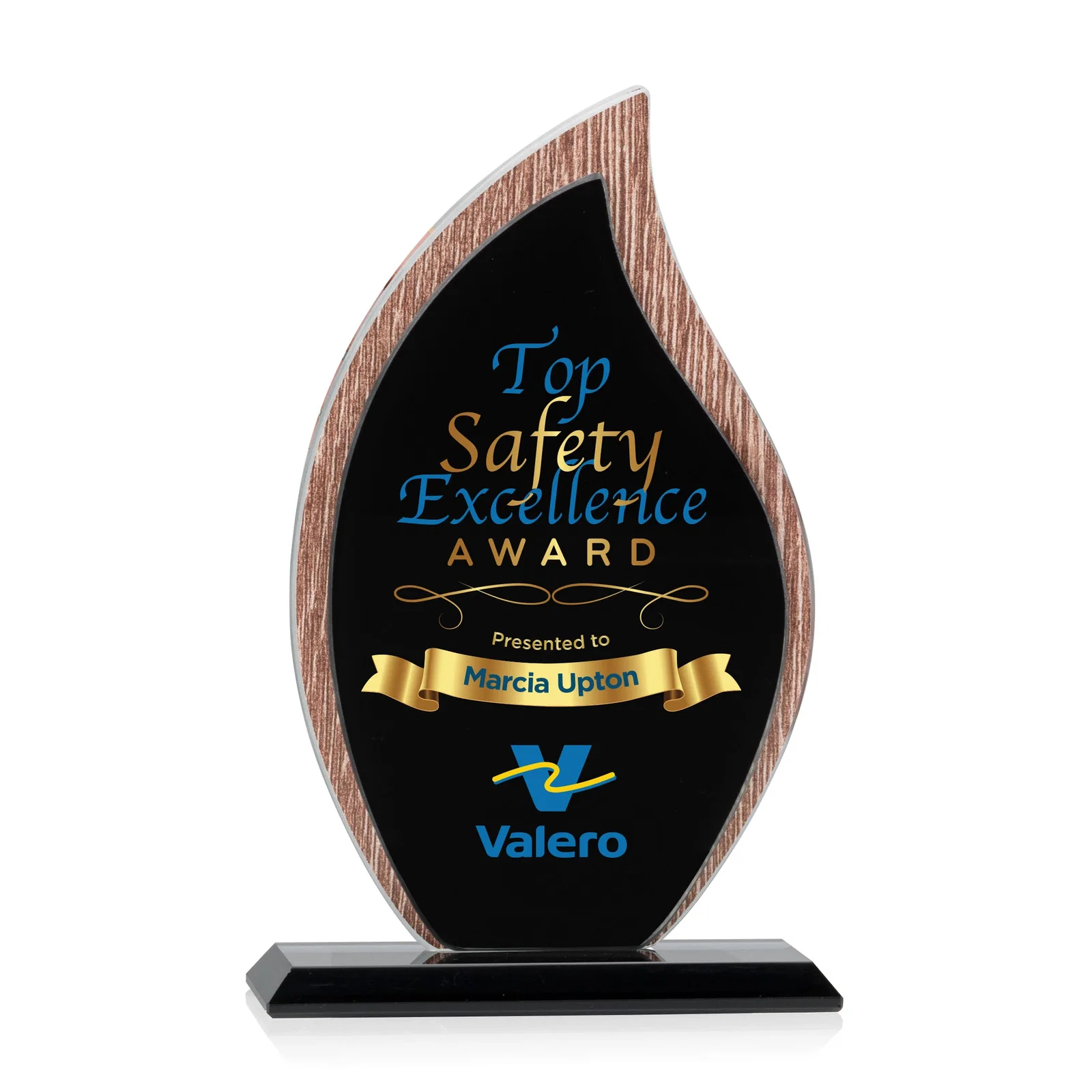 Custom Starfire Crystal Flame Award on Textured Woodgrain Backdrop for donor appreciation