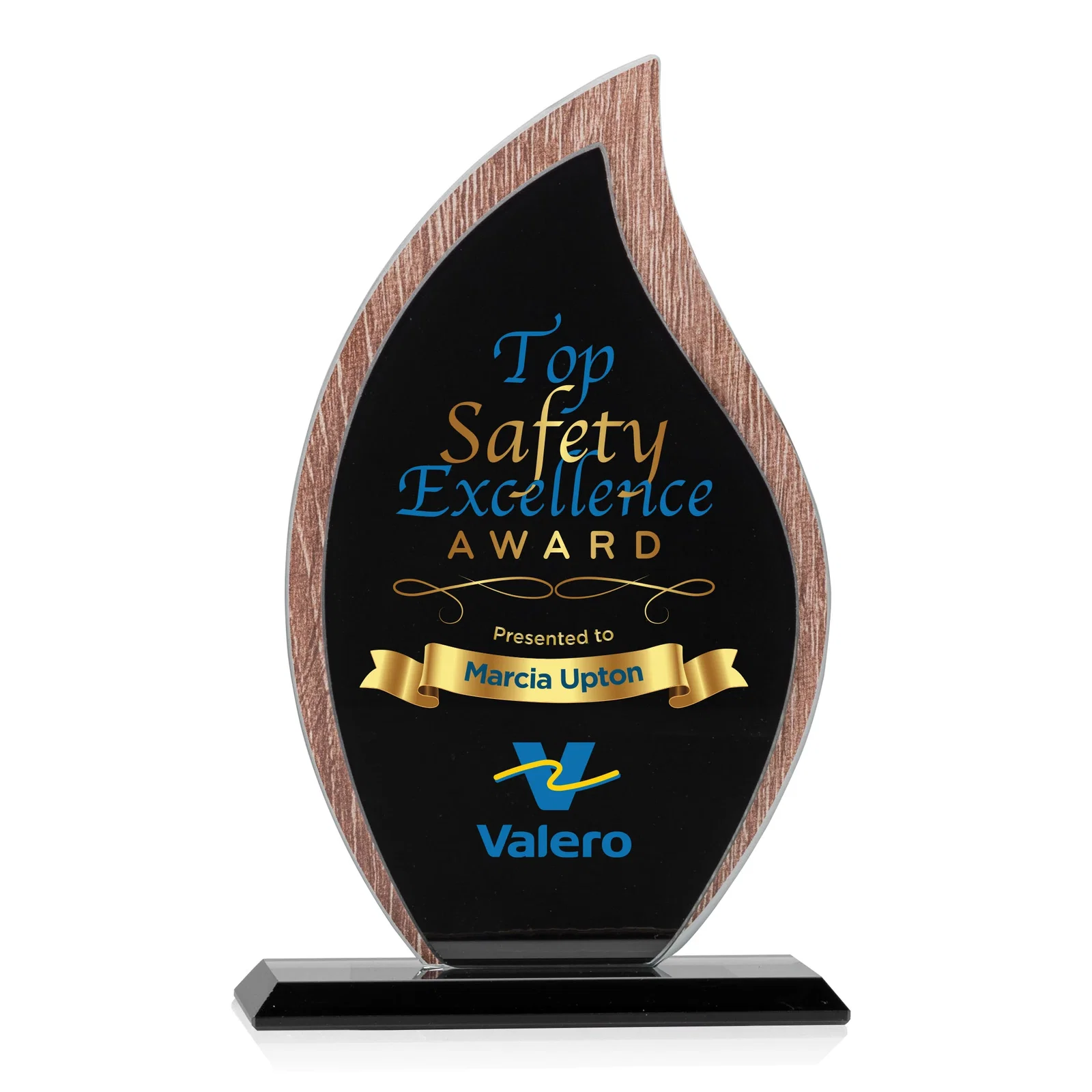 Custom Starfire Crystal Flame Award on Textured Woodgrain Backdrop for graduation ceremonies