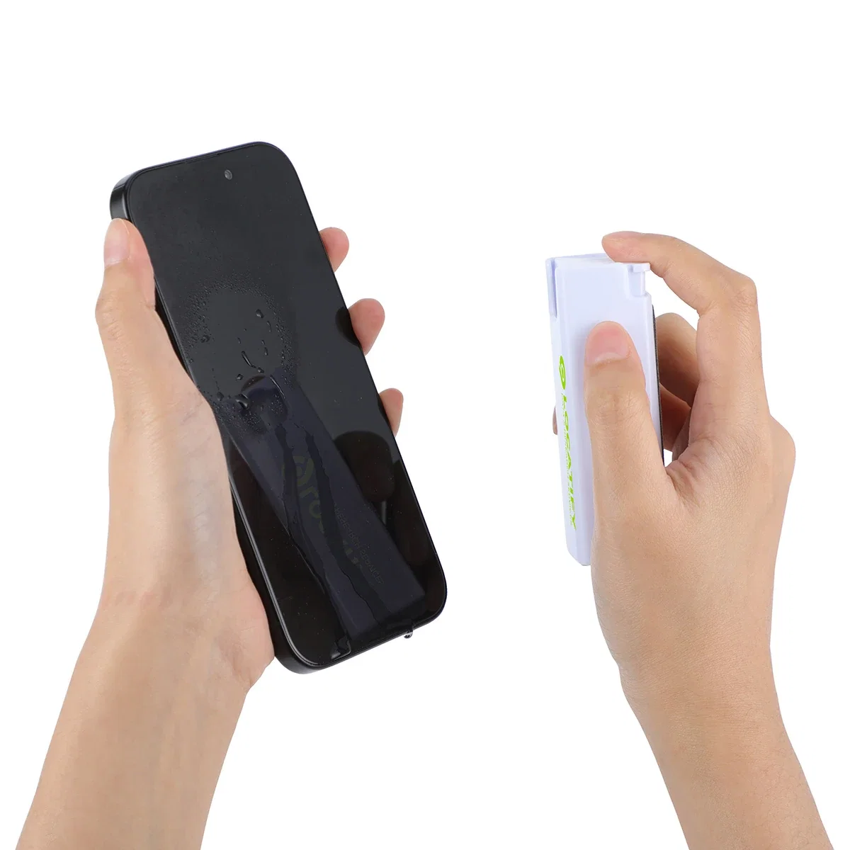 Screen Cleaner Bottle in use, cleaning a smartphone screen