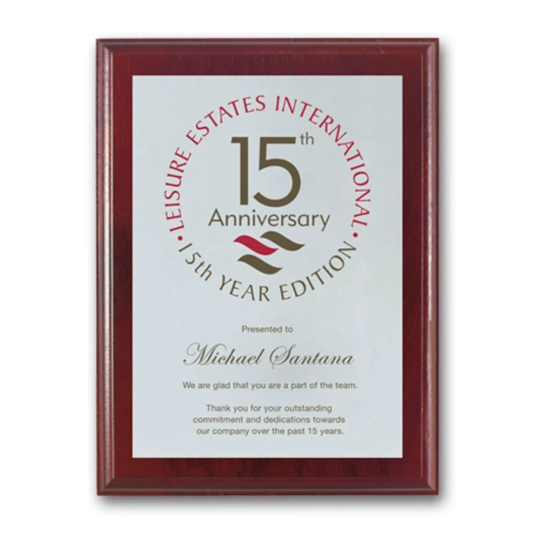 Custom Screenprinted Aluminum Plaque on Mahogany-Finished Wood for employee recognition