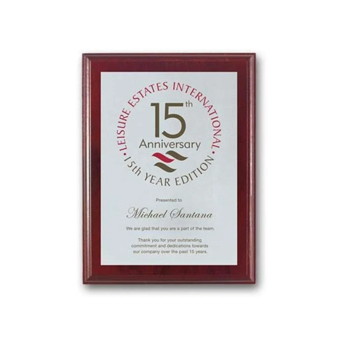 Custom Screenprinted Aluminum Plaque on Mahogany-Finished Wood for corporate award ceremonies