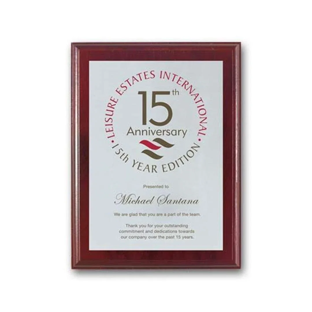 Custom Screenprinted Aluminum Plaque on Mahogany-Finished Wood for service anniversary gifts