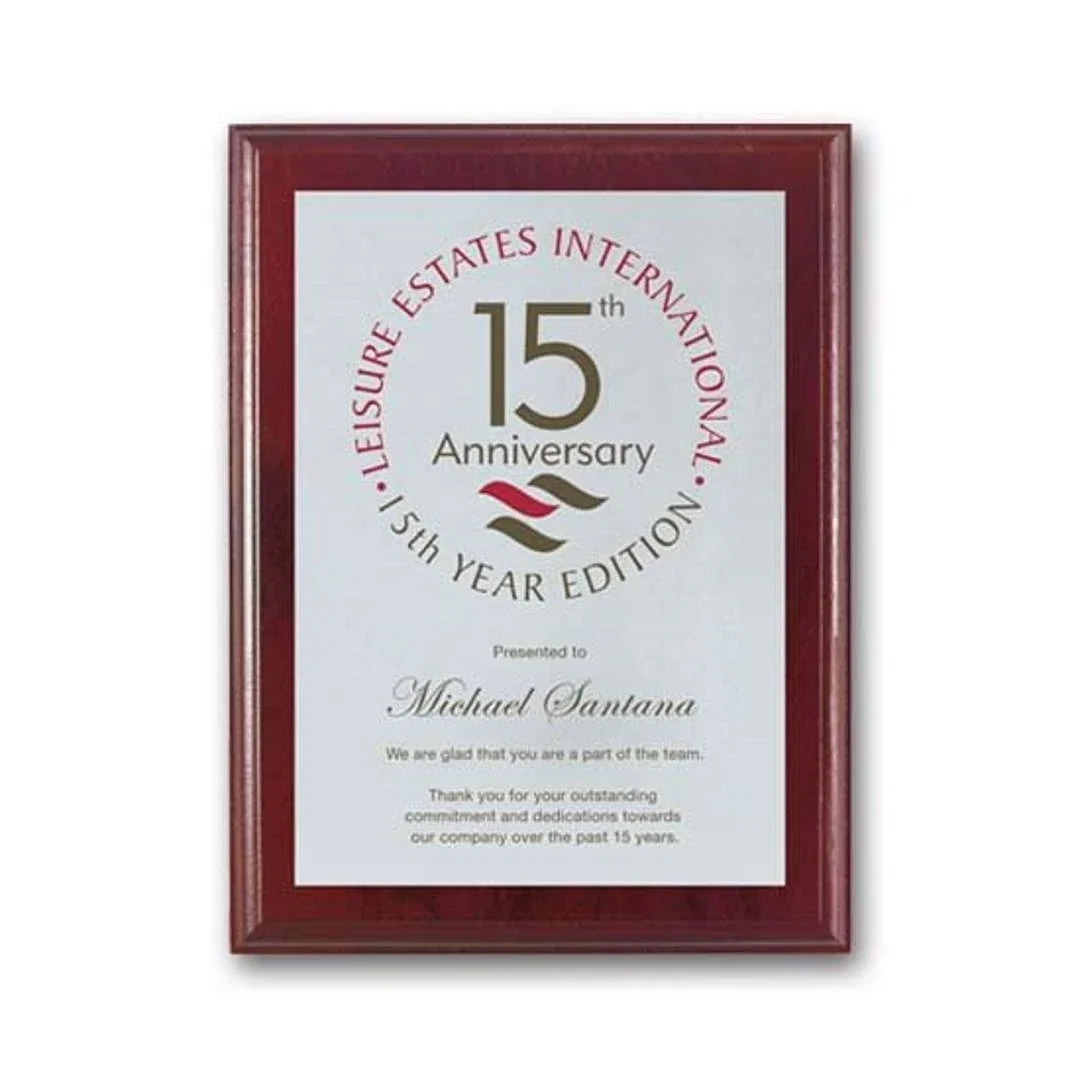 Custom Screenprinted Aluminum Plaque on Mahogany-Finished Wood for sales achievement awards